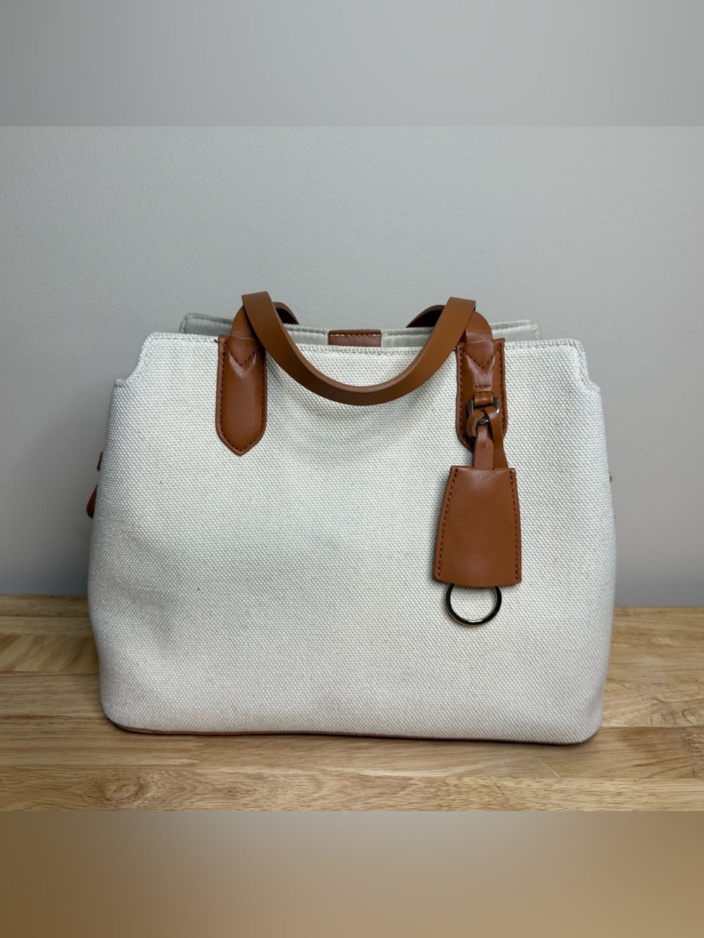 a new day Cream Canvas Tote with Tan Leather Trim